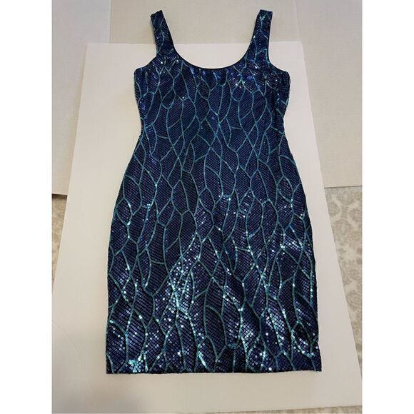 Lily Rose Sequined Leaf Print Tank Dress, Small. Blue, Green and Black. Taylor S - Picture 5 of 12